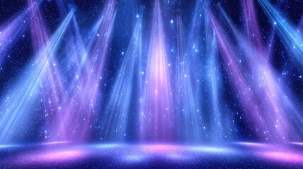 3D rendered purple and blue stage light beams glowing on starry night sky background with copy space, dynamic concert or theater party illumination concept. Abstract dark backdrop with dramatic spotli