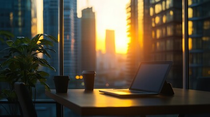 Laptop and coffee on a desk overlooking a cityscape at sunset
