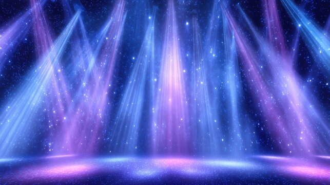 3D rendered purple and blue stage light beams glowing on starry night sky background with copy space, dynamic concert or theater party illumination concept. Abstract dark backdrop with dramatic spotli