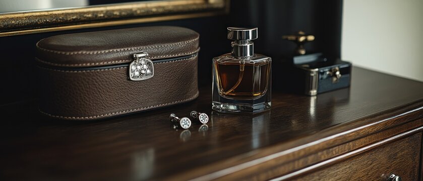 Elegant dressing table scene with perfume and accessories