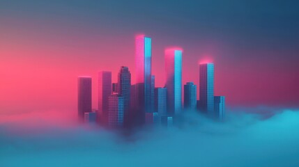 Fototapeta premium Futuristic cityscape emerging from colorful fog at dawn with vibrant pink and blue lighting effects