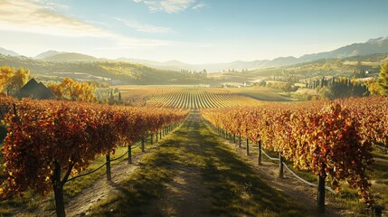 Naklejka premium Expansive vineyard vista in autumnal splendor.
