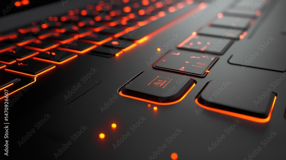 Poster the illuminated orange keyboard keys of a sleek laptop computer