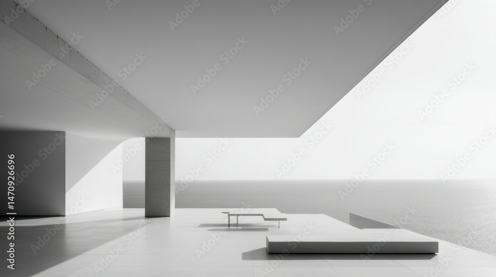 Poster modern architectural design with minimalist features and ocean views