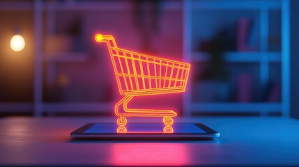 Neon Shopping Cart Illustration on Tablet in Modern Digital Environment for E-commerce Concepts