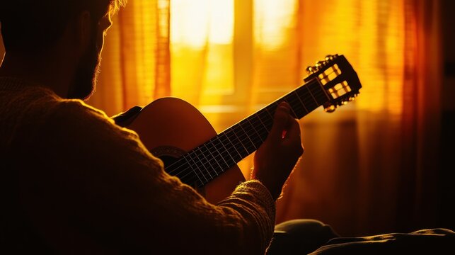 A person playing an acoustic guitar indoors with sunlight