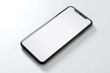 Sleek black smartphone with blank screen on white background. Perfect for app presentations or mockups.