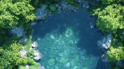 Serene natural pool surrounded by lush greenery, crystal clear water shimmering under sunlight, perfect for relaxation and nature appreciation.