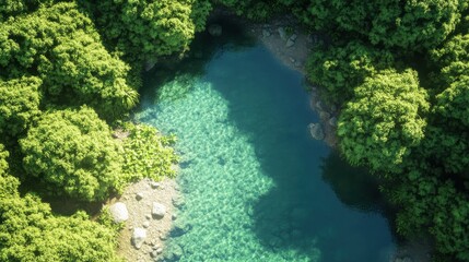 Lush riverbank scene, vibrant turquoise water flowing through dense green foliage, serene nature setting with peace and tranquility.