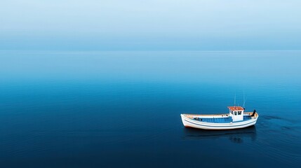 Fototapeta premium Serenity at Sea: A Tranquil Fishing Boat on Calm Blue Waters Under a Clear Sky