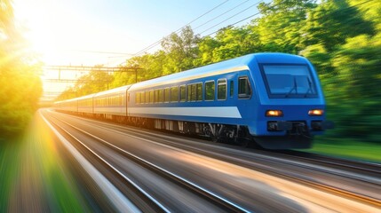 Naklejka premium Blue train speeding through lush summer countryside. Possible use Stock photo for travel and transportation