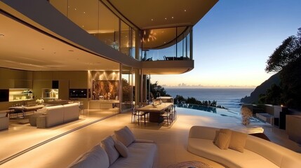 Obraz premium Modern luxury home interior with ocean view at sunset
