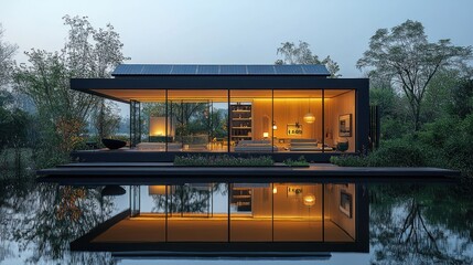 Modern house on a water, illuminated at night, reflecting in a calm pond.  Surrounded by trees and greenery