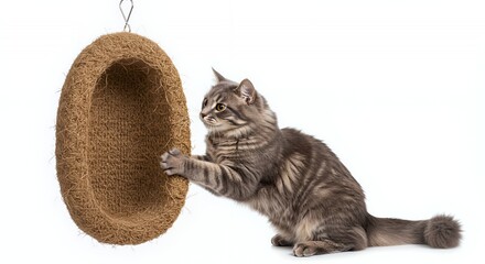 Gray Cat Scratching a Hanging Brown Cat Scratcher Isolated on a White Background Demonstrating Playfulness and Natural Instinct