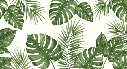 Lush Tropical Watercolor Leaves: Monstera and Palm Fronds on White Background