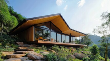Fototapeta premium Modern wooden house, elegant structure with large windows, surrounded by greenery, highlighting eco-friendly design.