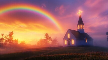Fototapeta premium Church Building Rainbow Landscape at Sunset