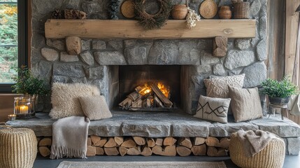 Cozy stone fireplace with burning logs in a rustic home interior setting
