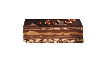  A rich chocolate bar featuring layers of creamy nougat, displayed on a white background