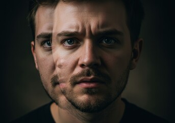 Fototapeta premium A compelling portrait depicts a split-face of a man, exploring duality and emotional depth.