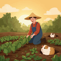 Farmer Tending Crops with Guinea Pigs in Field at Sunset