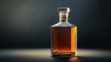 A beautifully lit glass bottle filled with amber colored liquid