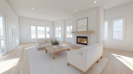 Modern living room with white decor, spacious and bright ambiance, cozy seating area and a stylish fireplace, ideal for relaxation.
