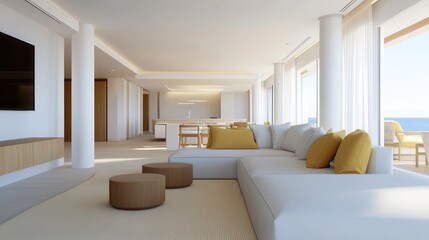 Spacious modern living room, bright open space with large windows, cozy seating areas, minimalist decor, inviting atmosphere.