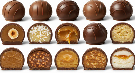 Fototapeta premium Assorted filled bonbons cut open to reveal creamy centers on a white background.