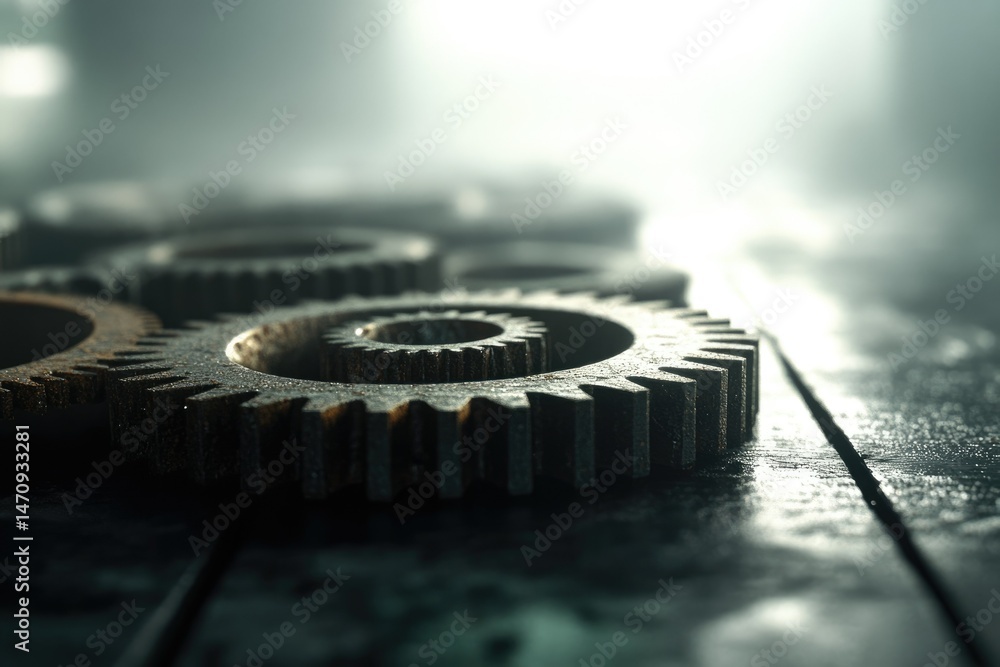 Poster rusty gears interlock, signifying intricate mechanics and teamwork.