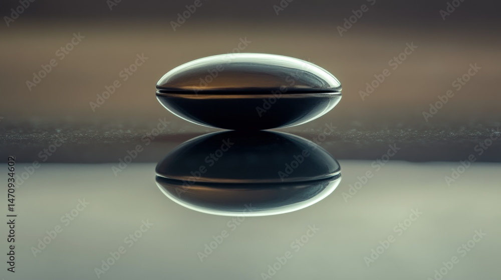 Poster a smooth metallic object resting on a highly reflective surface