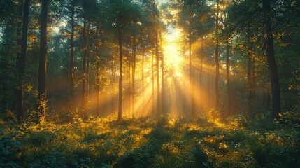 Golden sunlight streams through misty forest (5)
