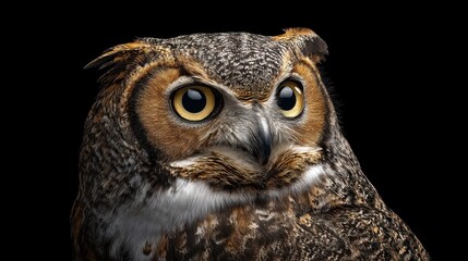 Obraz premium Great horned owl wildlife portrait with golden eyes in dark environment