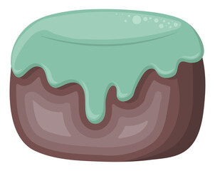 A bite of dark chocolate with mint syrup dripping down it