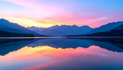 Fototapeta premium 朝焼けの山脈と湖の絶景
