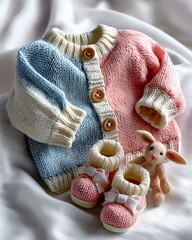 small Baby knitted items Charming knitted baby outfit with pastel colors, perfect for infants. Includes booties and a cute bunny toy, ideal for new parents.