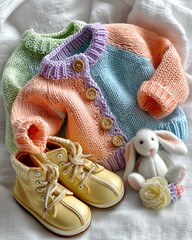 small Baby knitted items Colorful and cozy knitted baby clothing arrangement with booties and a cute bunny toy, perfect for new parents and children's fashion.