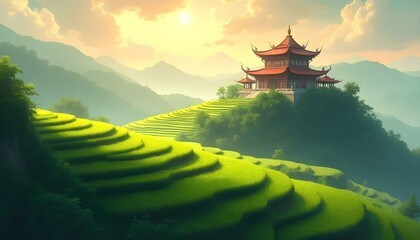 Obraz premium Traditional Asian Pagoda on Green Rice Terraces at Sunrise