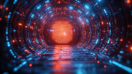 Futuristic glowing data tunnel with binary code and neon lights representing digital transfer.
