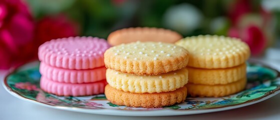 Colorful iced cookies stacked on a decorative plate.
