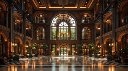 Naklejka premium Luxurious hotel lobby with grand architecture (1)