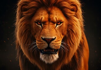 Naklejka premium A majestic lion with a golden mane stares intensely ahead now