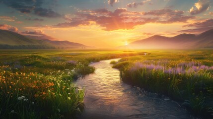 Naklejka premium Meadow Stream at Sunset with Mountains