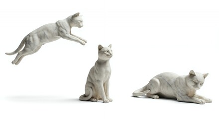 Marble Cat Statues in Various Poses Isolated on White Classical Art Sculptures Perfect for Decoration Showcase Stone Craft Domestic Pets Feline Friend Studio Shot