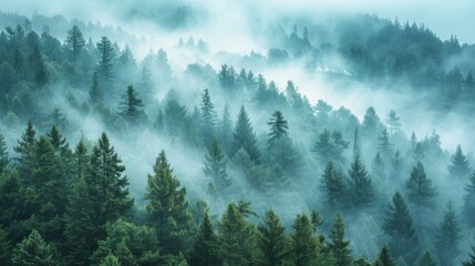 Fototapeta premium Mountain Forest Covered in Fog