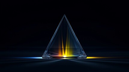 Transparent pyramid on a dark background with radiating light