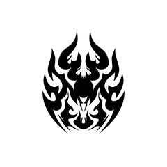 Abstract black tribal design featuring intricate flames and sharp curves on a white background