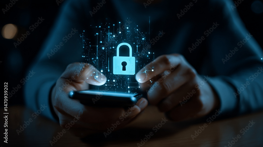 Poster mobile security concept with padlock icon for data protection and digital privacy on smartphone scre