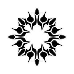 Abstract black and white geometric design resembling a snowflake with intricate patterns