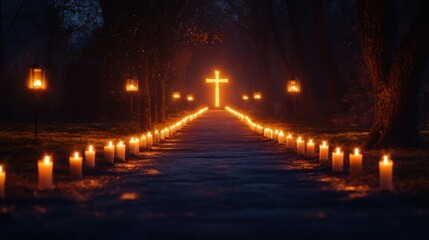 Path with Candles and Lanterns Leading to Glowing Cross
